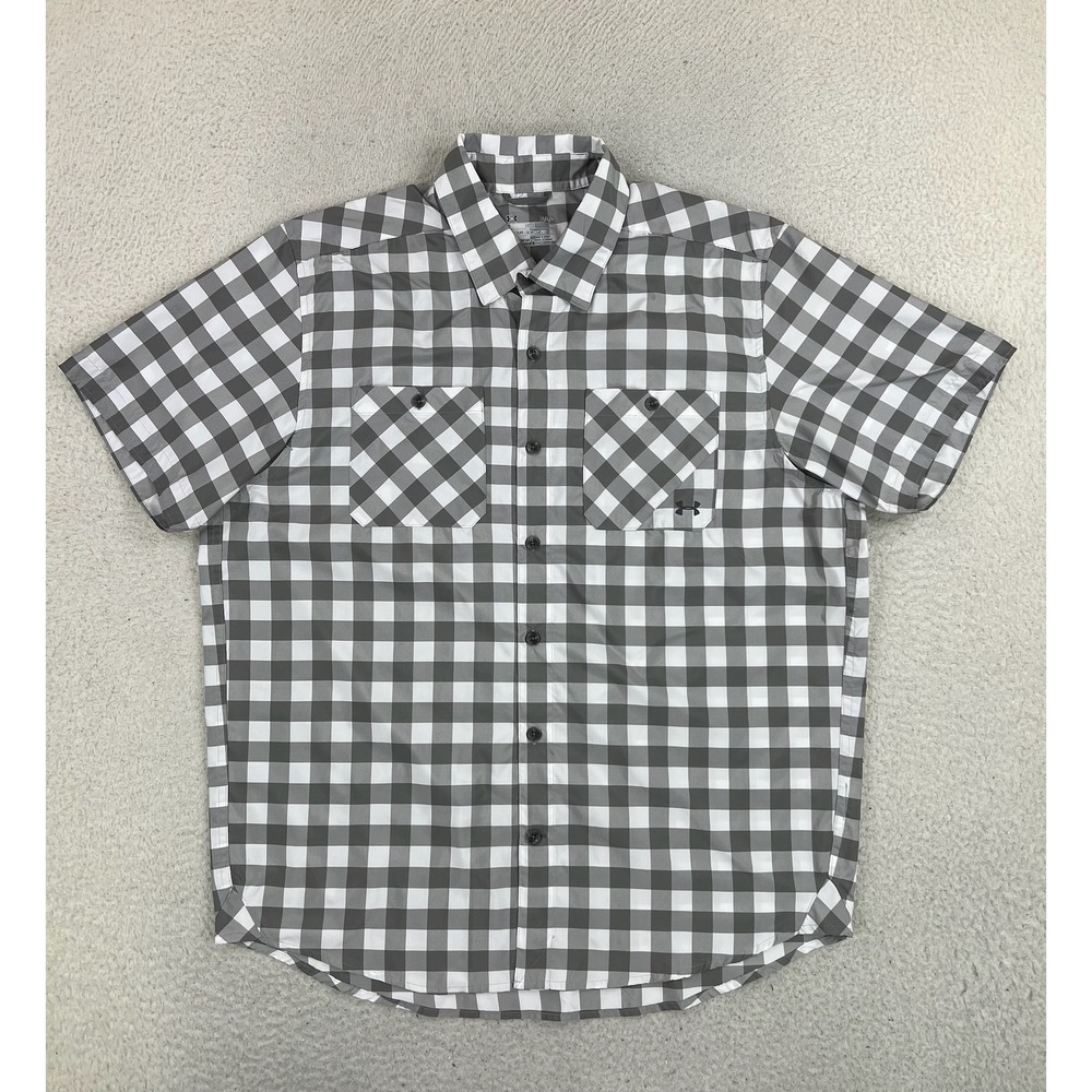 Under Armour Shirt Mens Large Gray Check Short Sleeve Button Up HeatGear Casual
